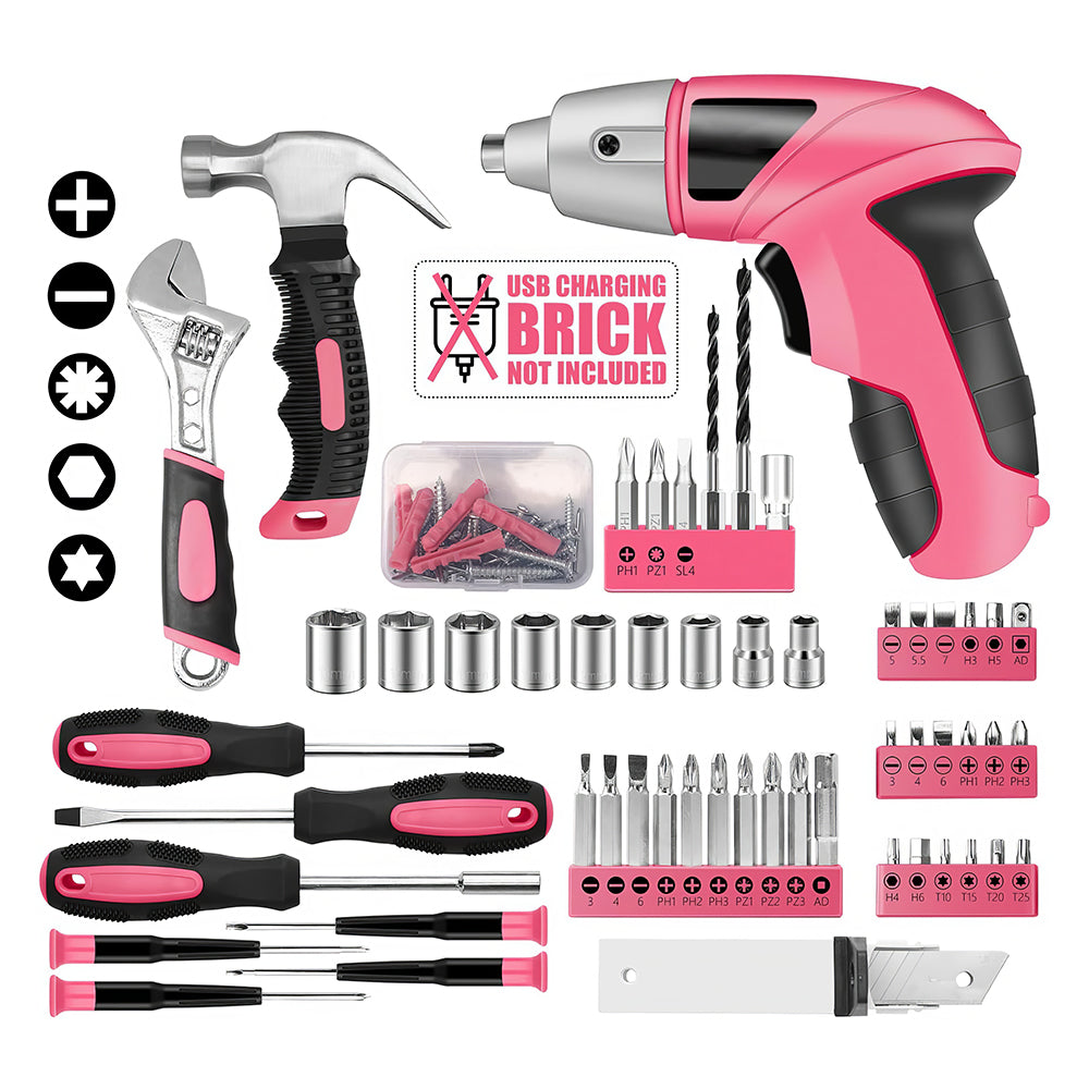 Pink Cordless Electric Screwdriver 3.6V with 24-Piece Bit Set & LED Light