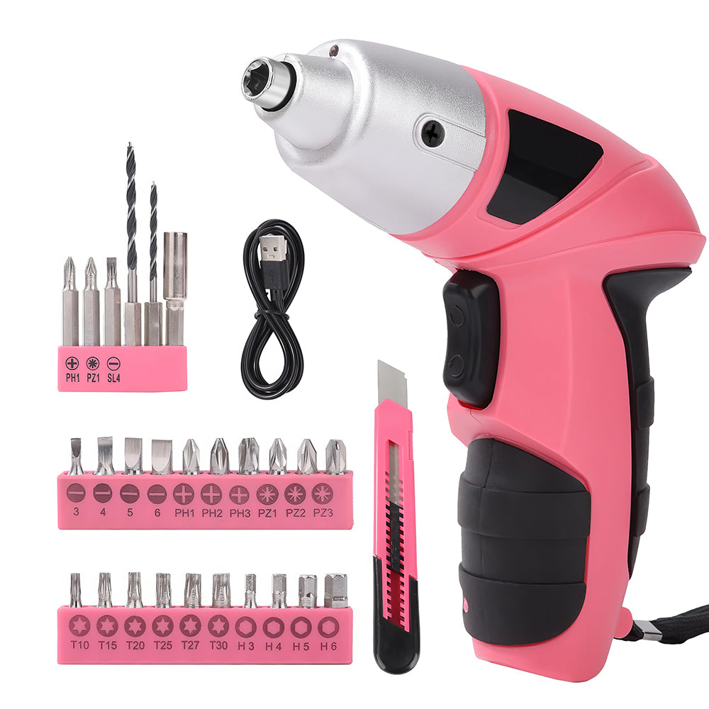 3.6V Cordless Electric Screwdriver Set, 28-Piece Pink USB-Rechargeable