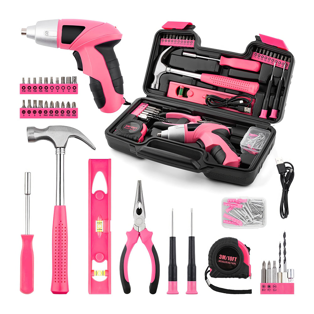 3.6V Cordless Electric Screwdriver Set, 28-Piece Pink USB-Rechargeable