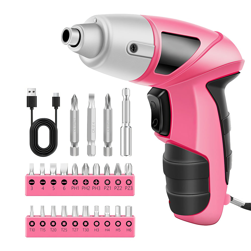 Pink Cordless Electric Screwdriver 3.6V with 24-Piece Bit Set & LED Light