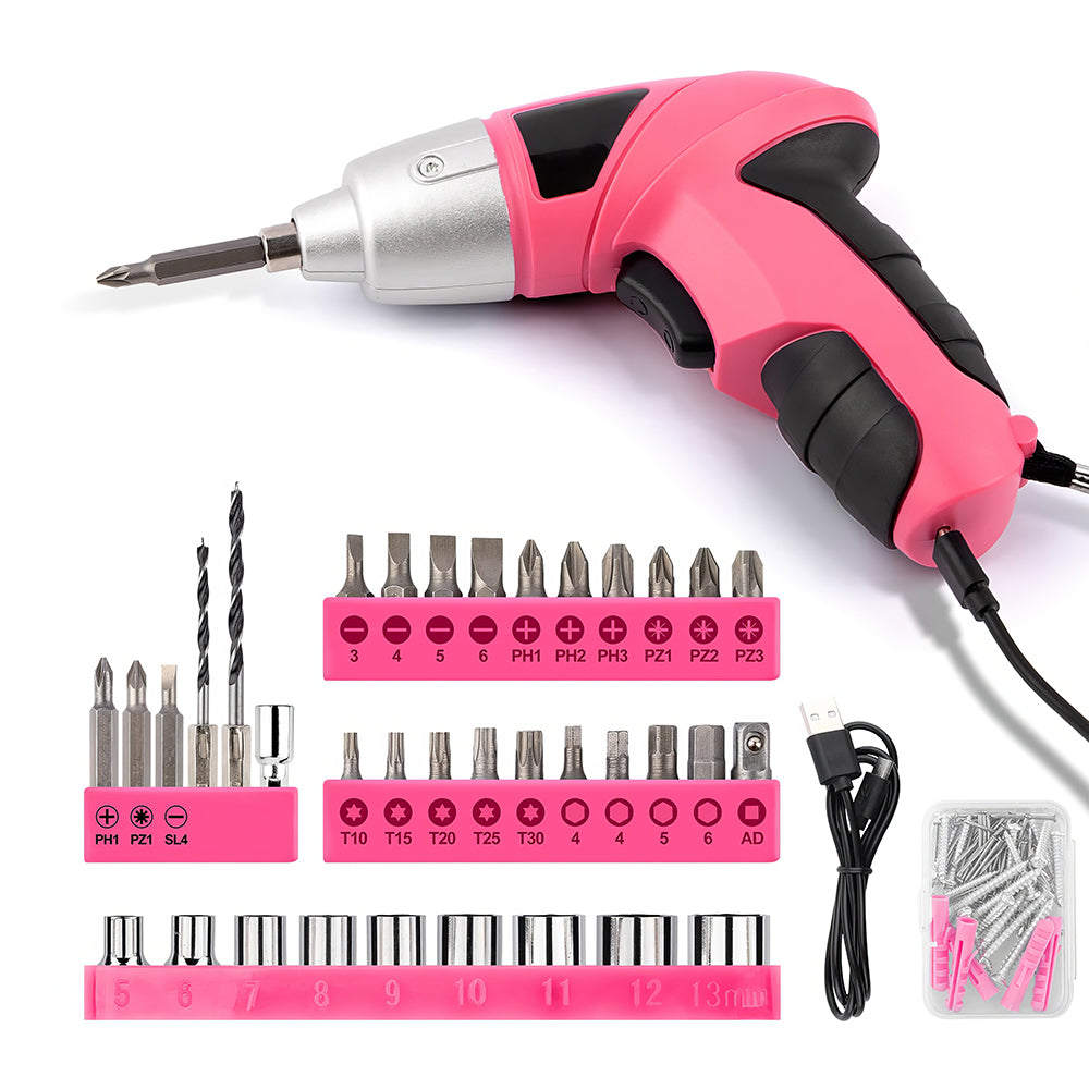 3.6V Cordless Electric Screwdriver Set, 28-Piece Pink USB-Rechargeable