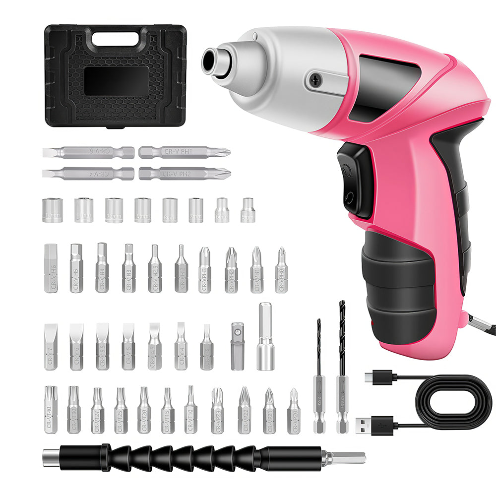 Pink Cordless Electric Screwdriver 3.6V with 24-Piece Bit Set & LED Light