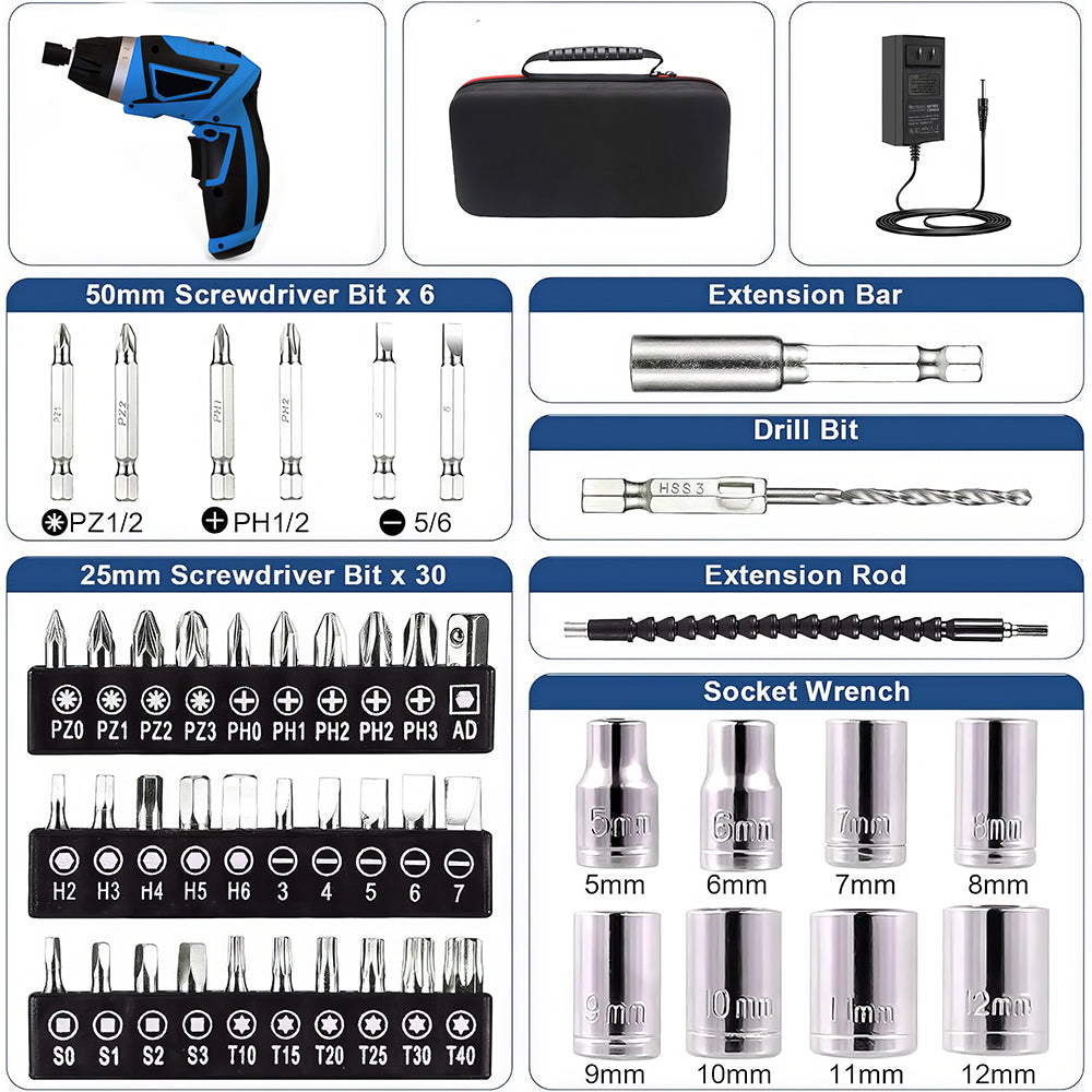 8V Cordless Screwdriver Set, 10Nm Max Torque, 6+1 Torque, 47 Accessories