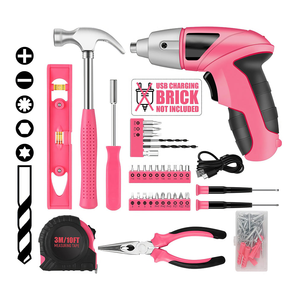 Pink Cordless Electric Screwdriver 3.6V with 24-Piece Bit Set & LED Light